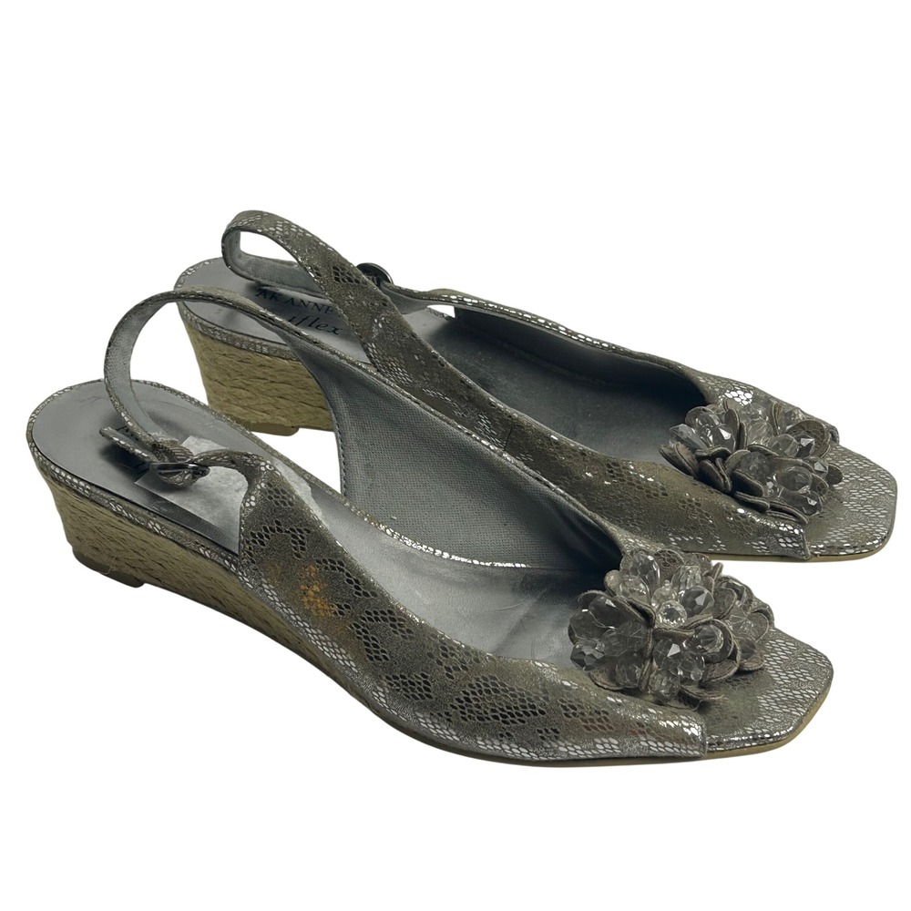 AK Anne Klein iFlex Akhonley Metallic Silver Wedge Sandals Peep Toe 8.5M